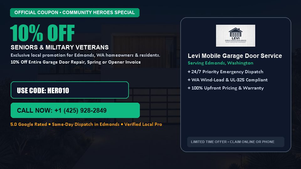 Levi Mobile Garage Door Service 10% OFF Seniors & Military Veterans in Edmonds, WA